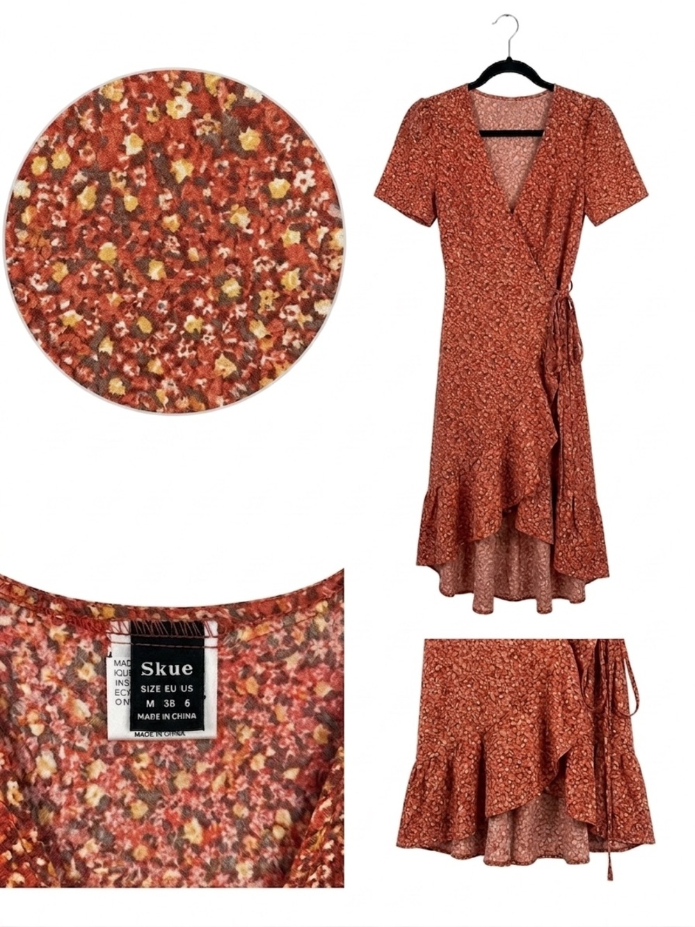 Boho Rust Floral Print Wrap Dress (Midi) Summer Spring  - Medium / EU 38 / US 6